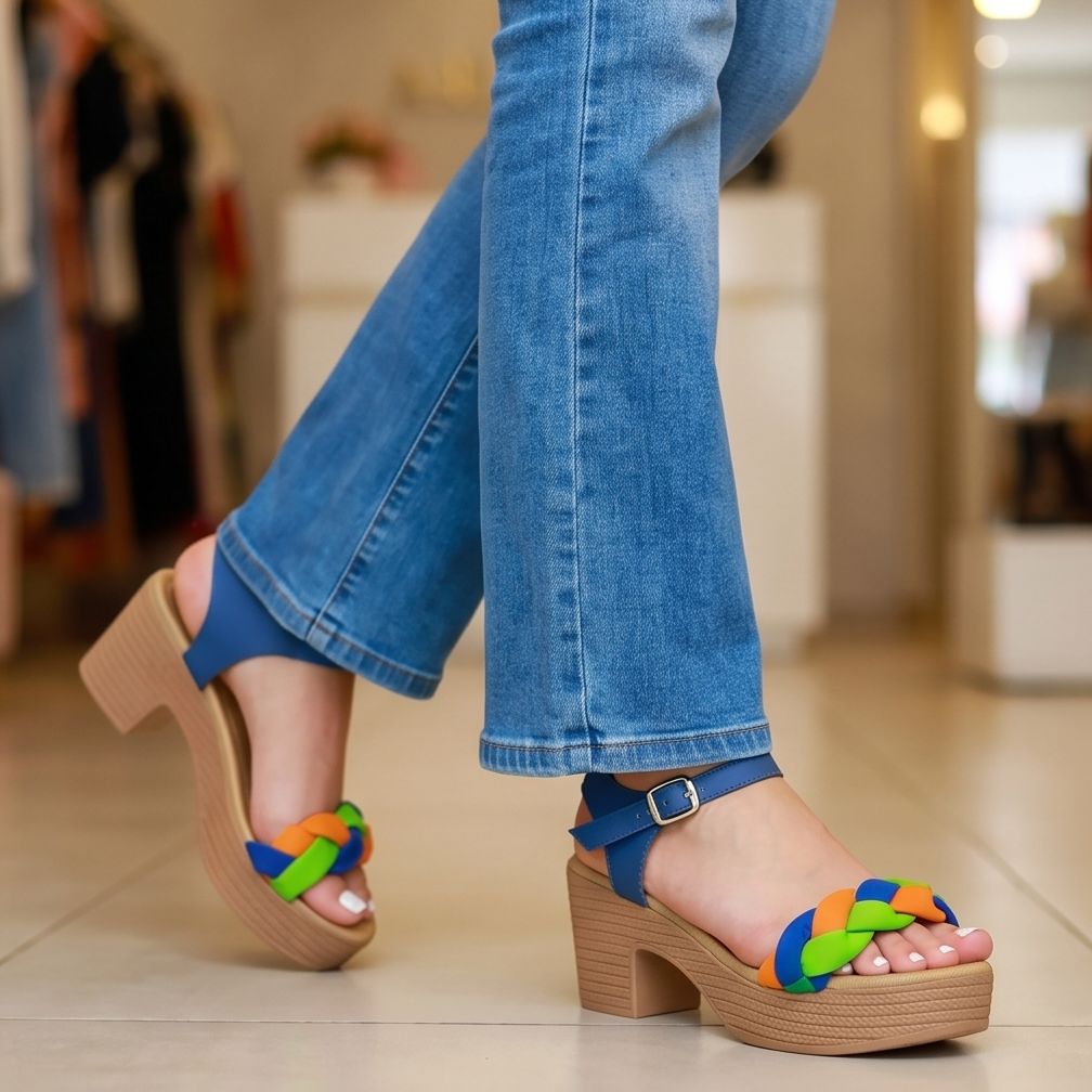 Zapato liviano estilo plataforma. Colorido con telas entrelazadas y varios colores combinados