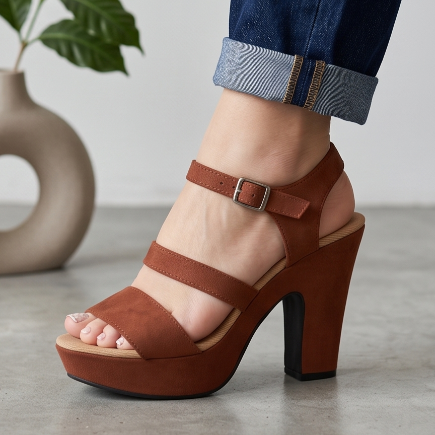 Zapato diseñado con tres fajas paralelas, hecho de gamuza