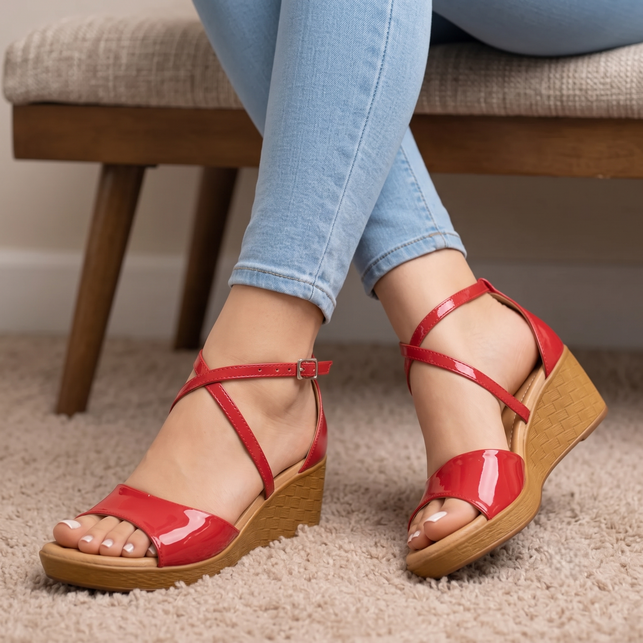 Sandalias Elegantes de Cuña con Tiras Cruzadas y Acabado Charol