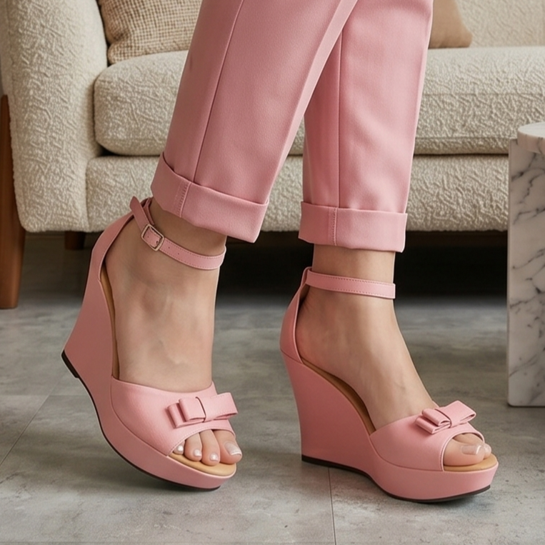 Zapatos tipo plataforma, hechos de cuerina, decorados con un chongo
