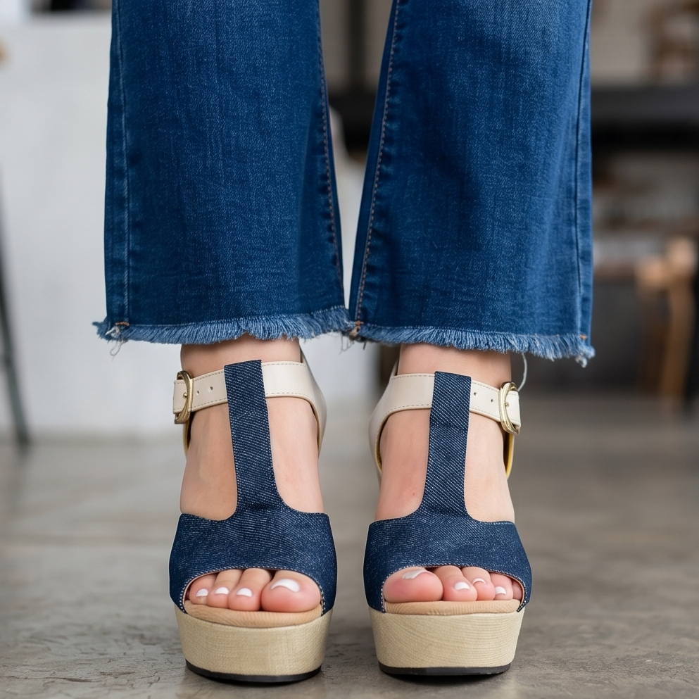 Tacon en tela de jean oscuro con combinaciones de colores