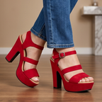 Zapato diseñado con tres fajas paralelas, hecho de gamuza