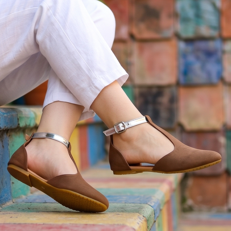 Zapatilla Semi Abierta tipo Flats con Faja ajustable en color Plateada