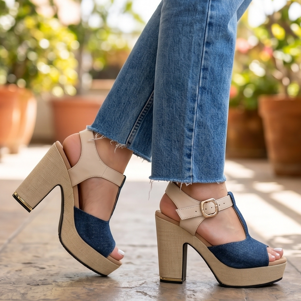 Tacon en tela de jean oscuro con combinaciones de colores
