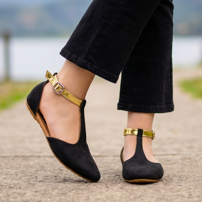 Elegantes Flats semi abierta con Faja Ajustable en color Dorado.