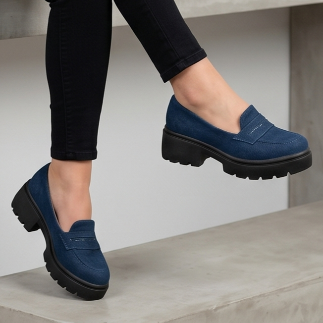 Zapato cerrado en tela de jean, innovador estilo mocasin, con suela negra