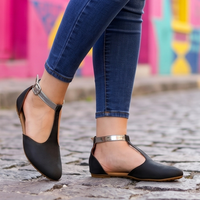 Zapatilla Semi Abierta tipo Flats con Faja ajustable en color Plateada