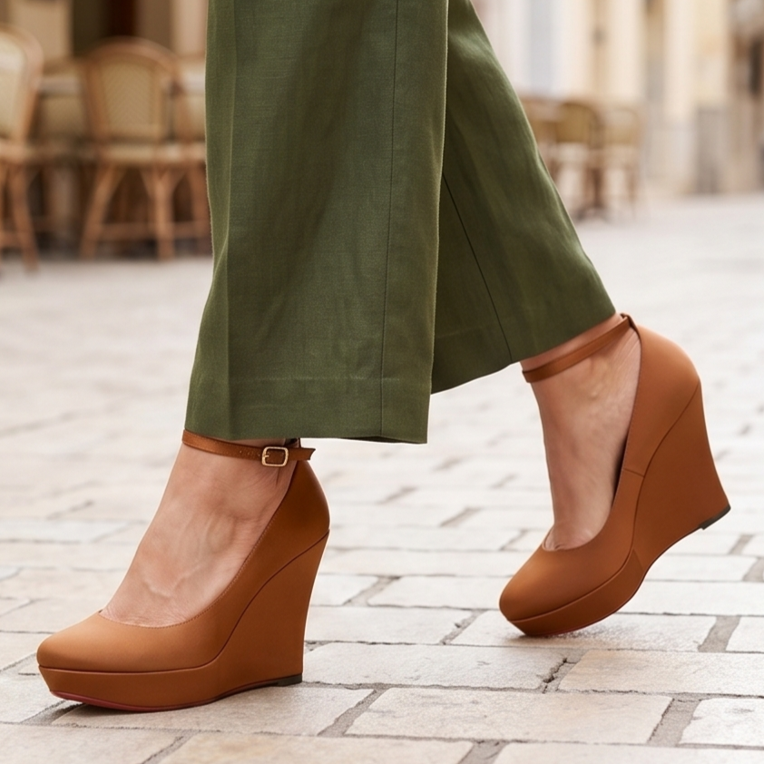 Zapato cerrado, con suela tipo plataforma. Hecho de cuerina
