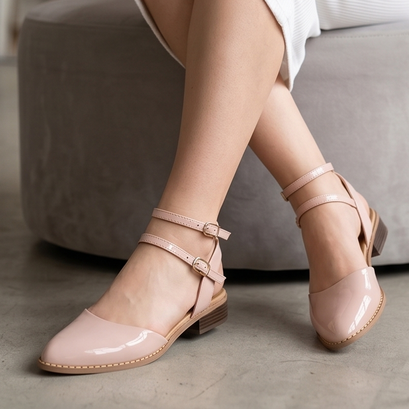 Lindo zapato de charol cerrado de enfrente con un taconcito pequeño