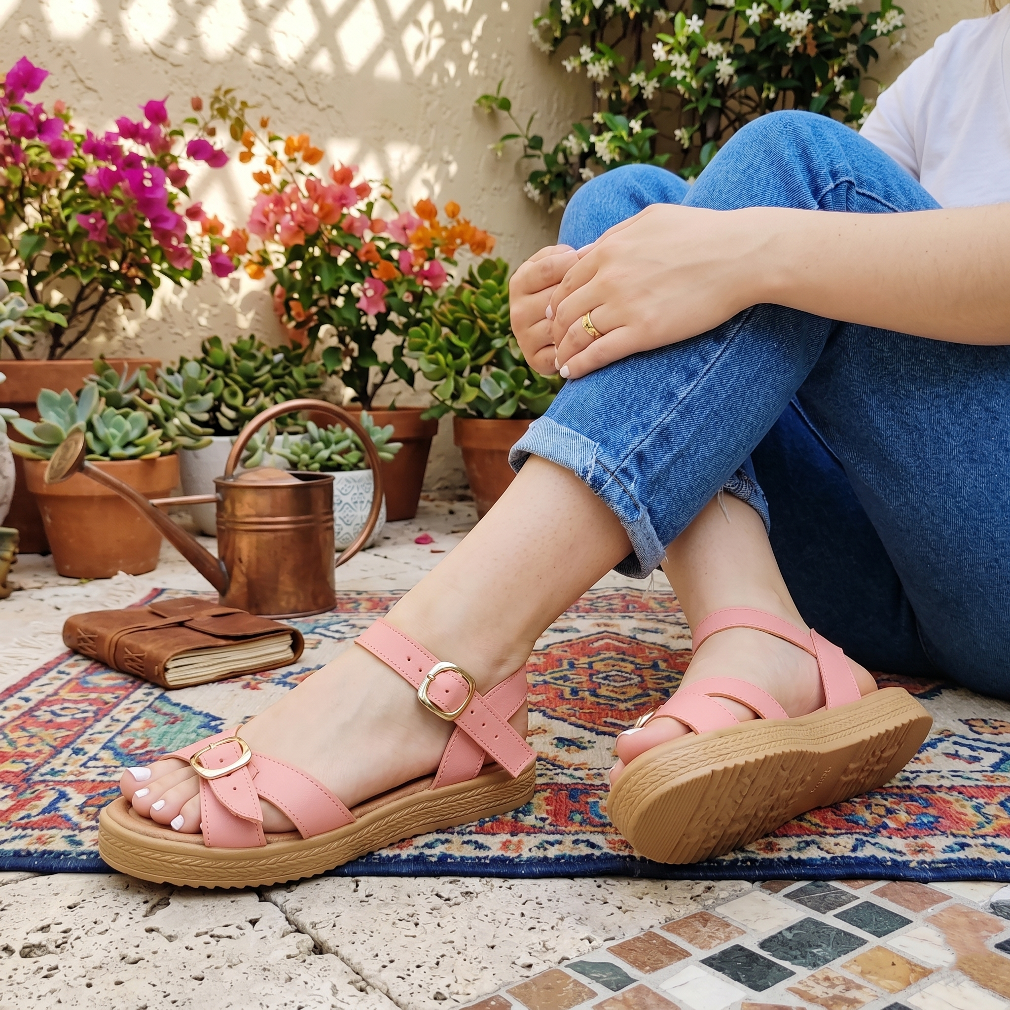 Sandalias bajas con faja cruzada delantera, decorado con una hebilla frontal