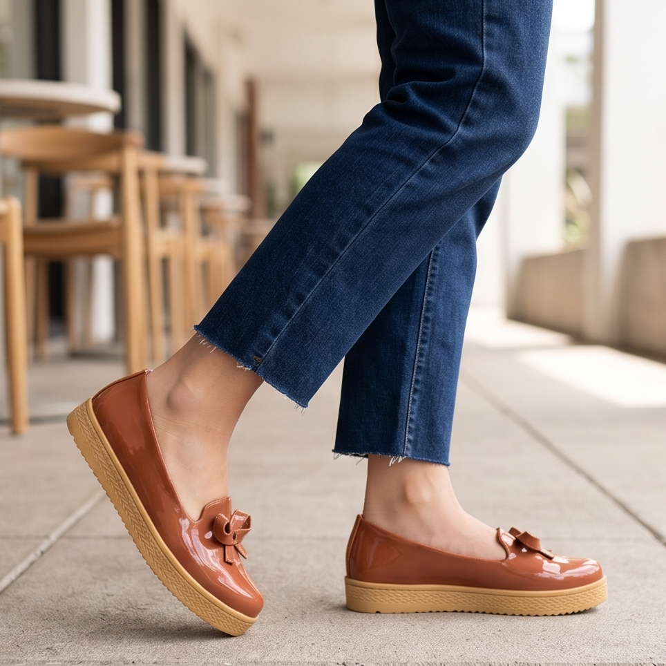 Zapatos bajos hechos en charol, decorados con un chongo