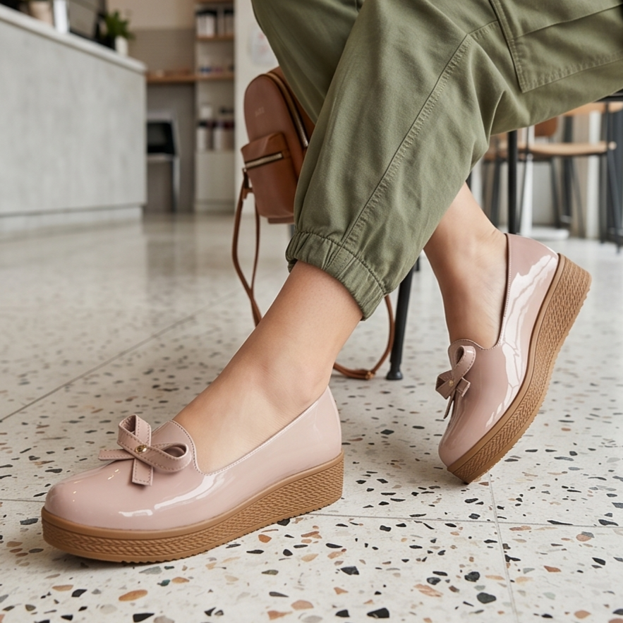 Zapatos bajos hechos en charol, decorados con un chongo