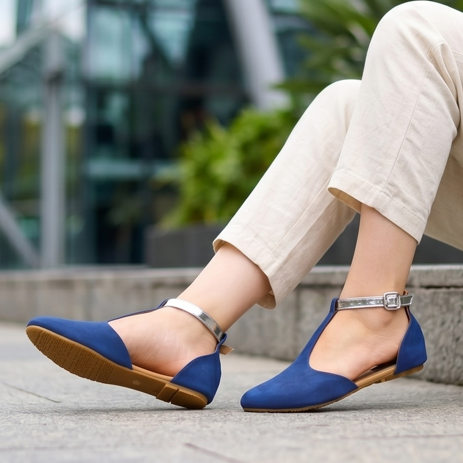 Zapatilla Semi Abierta tipo Flats con Faja ajustable en color Plateada