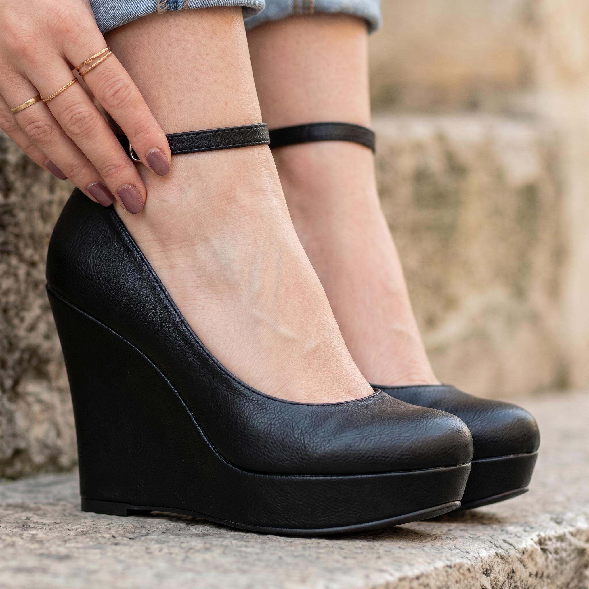 Zapato cerrado, con suela tipo plataforma. Hecho de cuerina