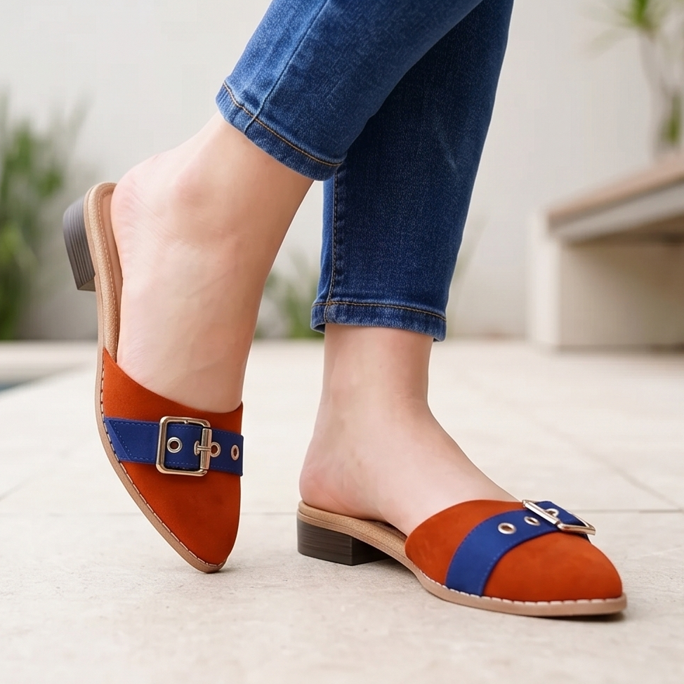 Zapato de gamuza en colores combinados con azul. Sandalia de meter