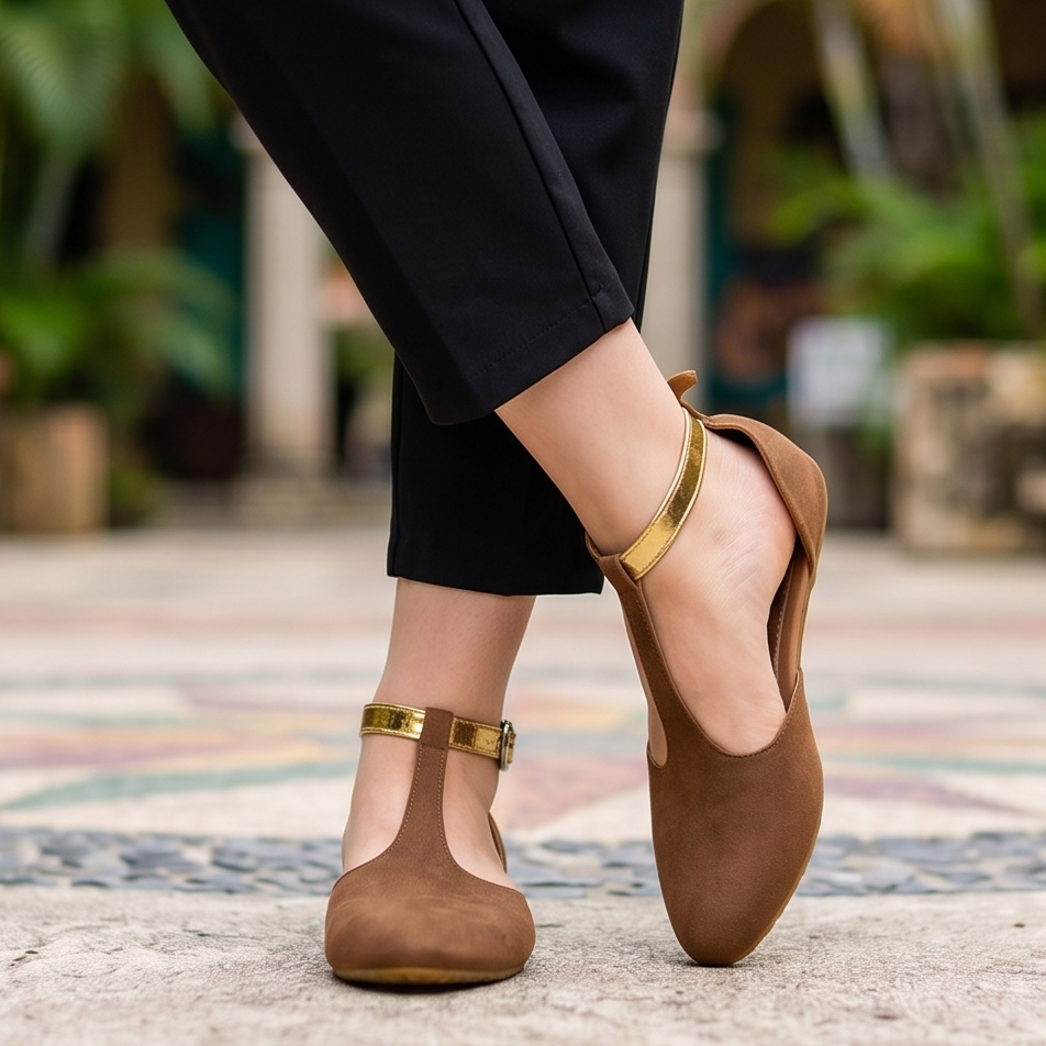 Elegantes Flats semi abierta con Faja Ajustable en color Dorado.