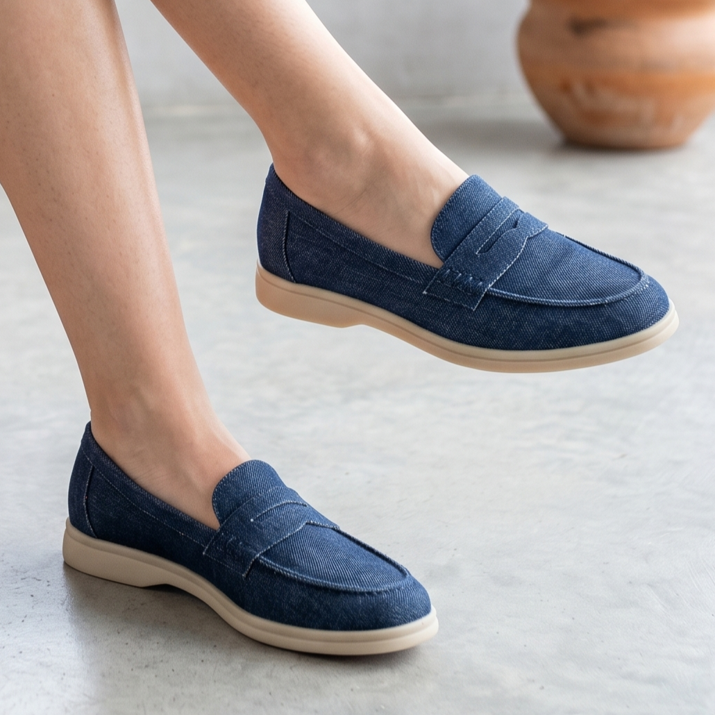 Mocasin hecho con tela de jean, dos tonalidades