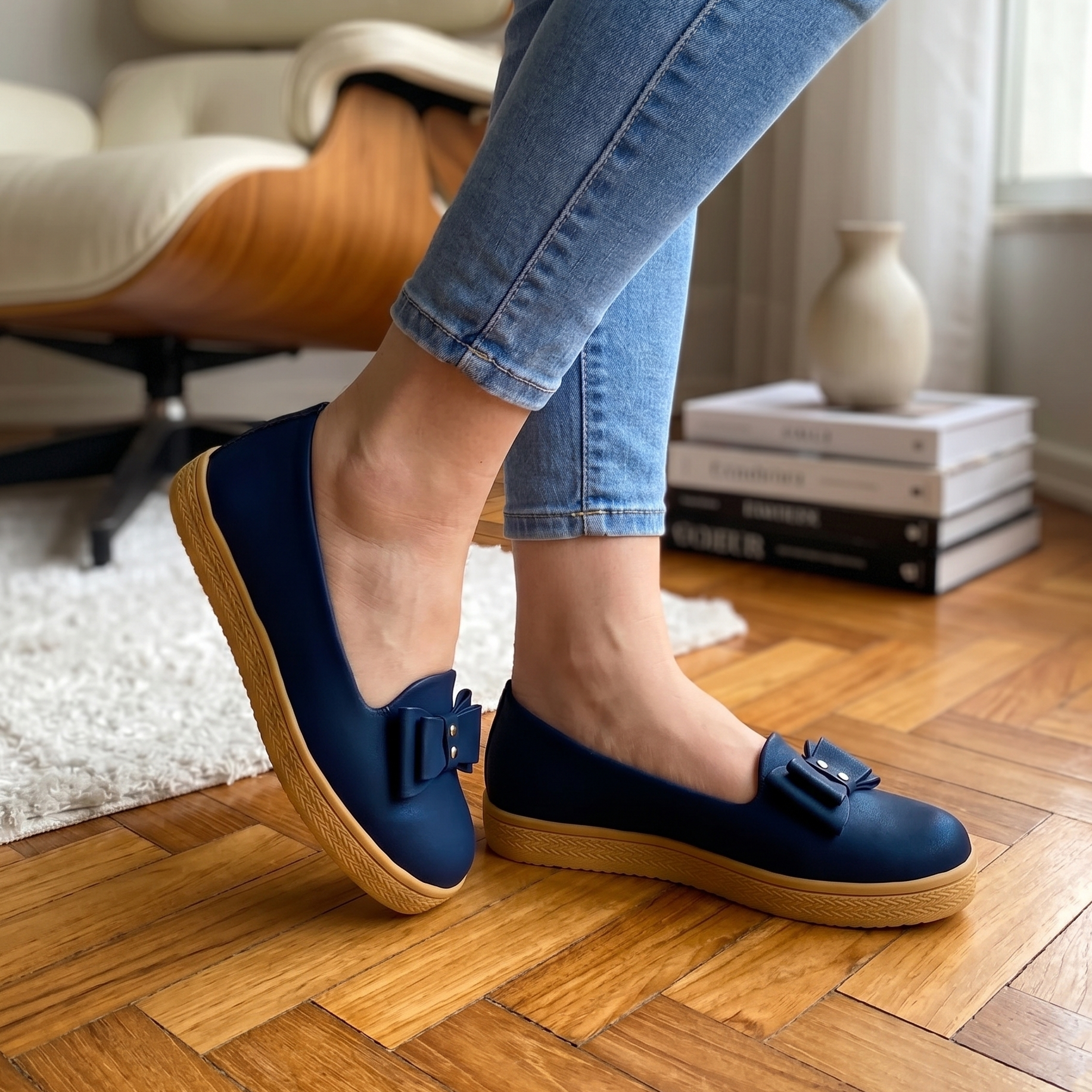 Zapato cerrado con un chongo enfrente, suela beige