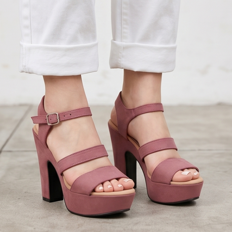 Zapato diseñado con tres fajas paralelas, hecho de gamuza