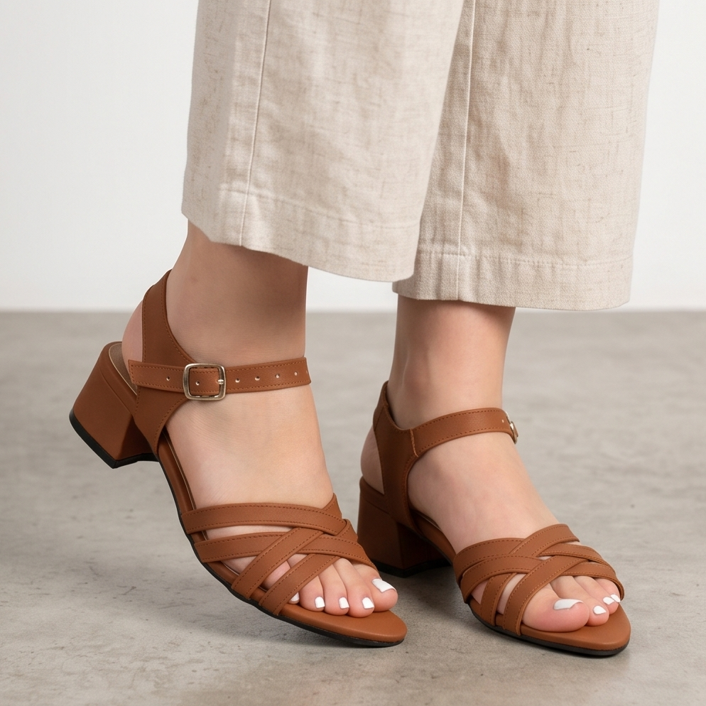 Calzado con taconcito pequeño, estilo sandalia con cuerina entrelazada