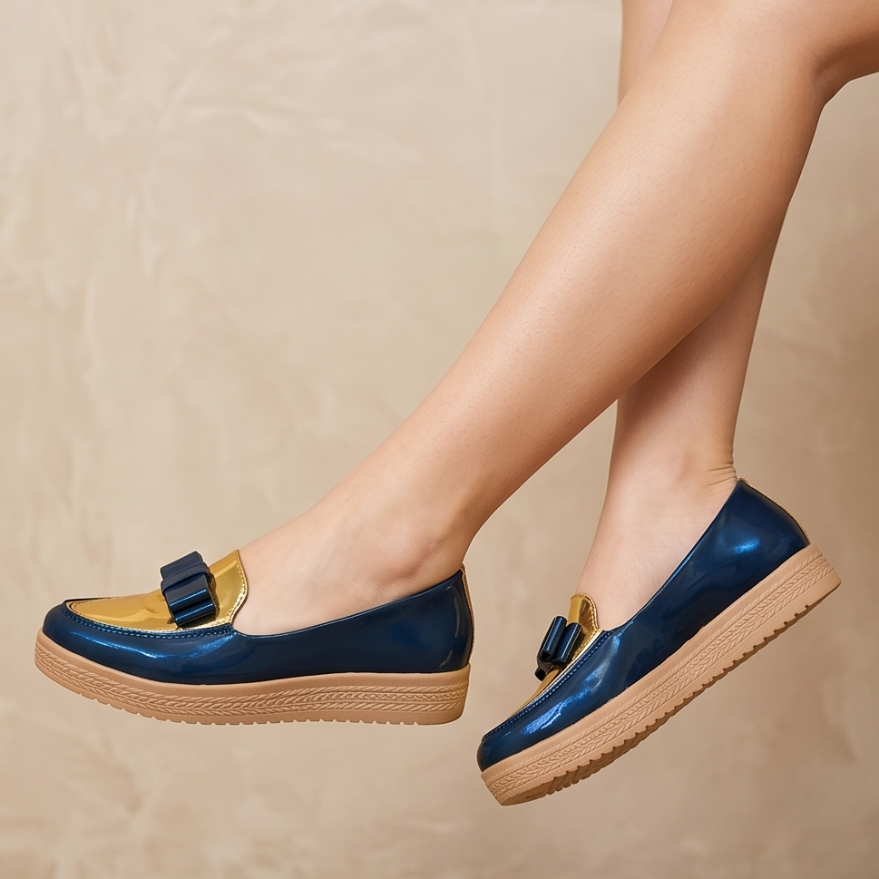 Mocasin de charol con chongo y decorado con charol dorado enfrente