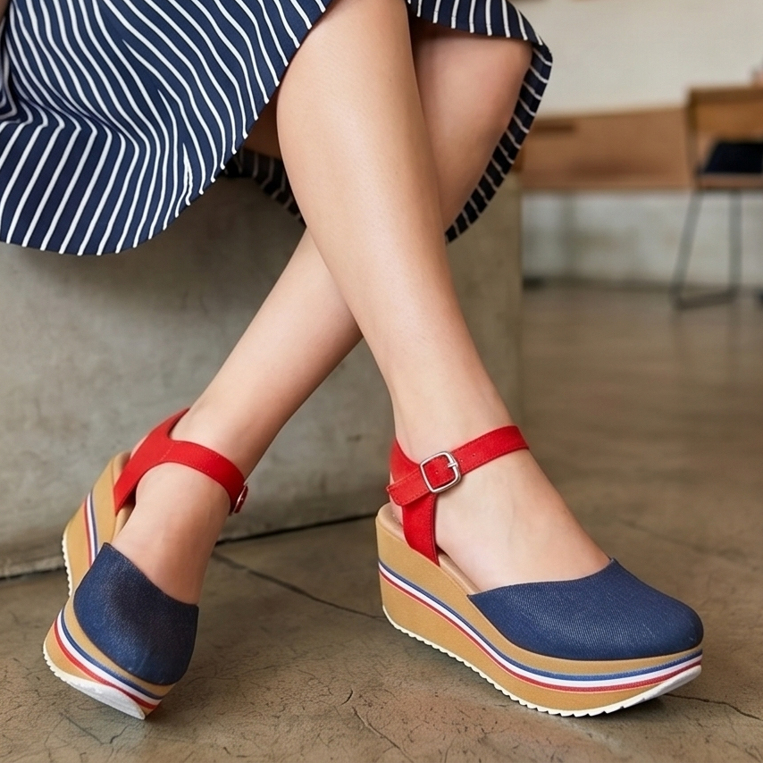 Plataformas, colores alegres, hecha de tela de jean