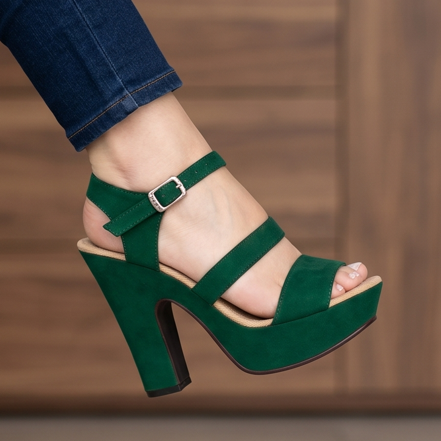 Zapato diseñado con tres fajas paralelas, hecho de gamuza