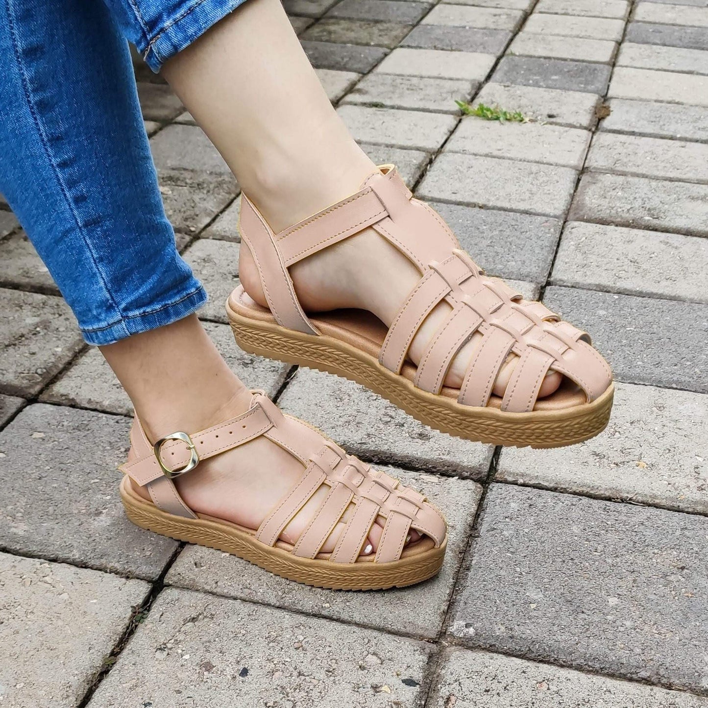 Sandalias Con Fajas Cruzadas Excelente Soporte Beige / 35 Normal Zapatos Bajitos