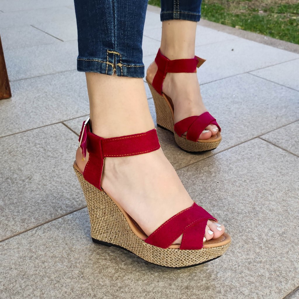 Plataforma De Gamuza Con Fajas Cruzadas Rojo / 35 Normal Zapatos Altos