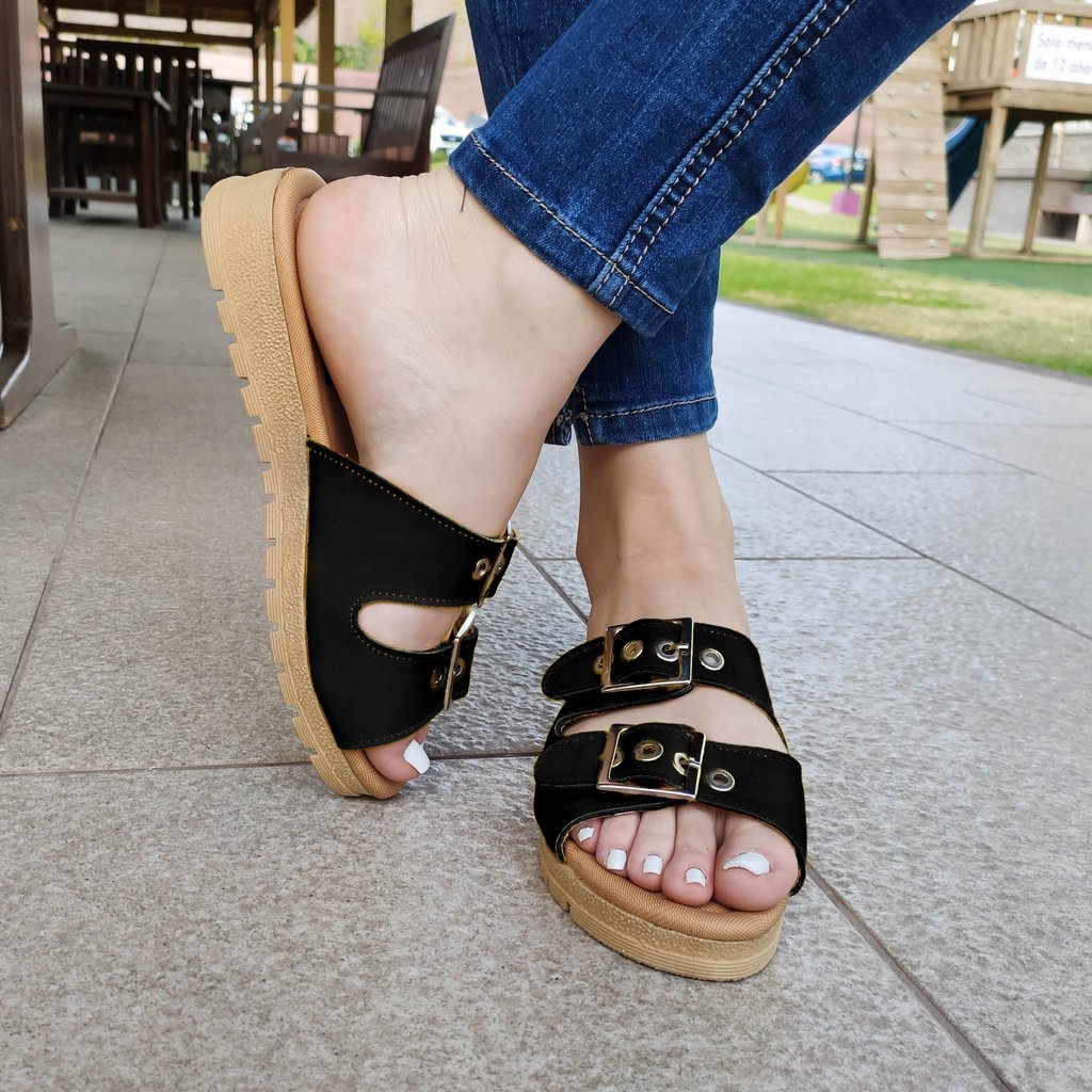 Sandalia Con Dos Hebillas Ajustable Negro / 34 Normal Zapatos Medianos