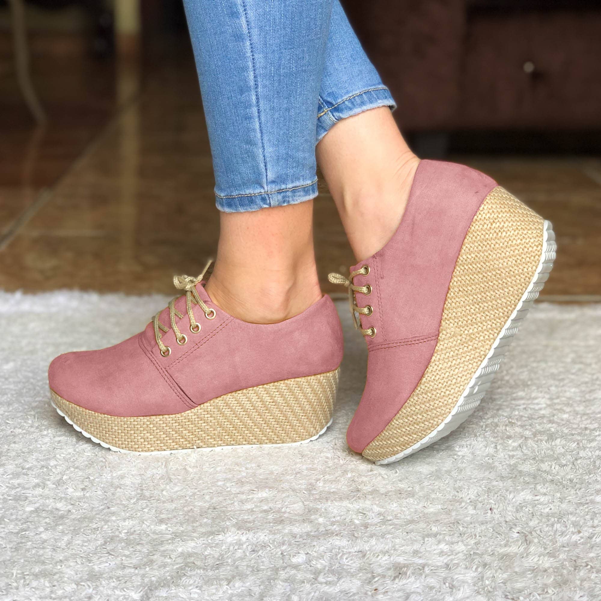Plataforma Mediana Con Suela Forrada De Bramante Rosado / 34 Normal Zapatos Medianos