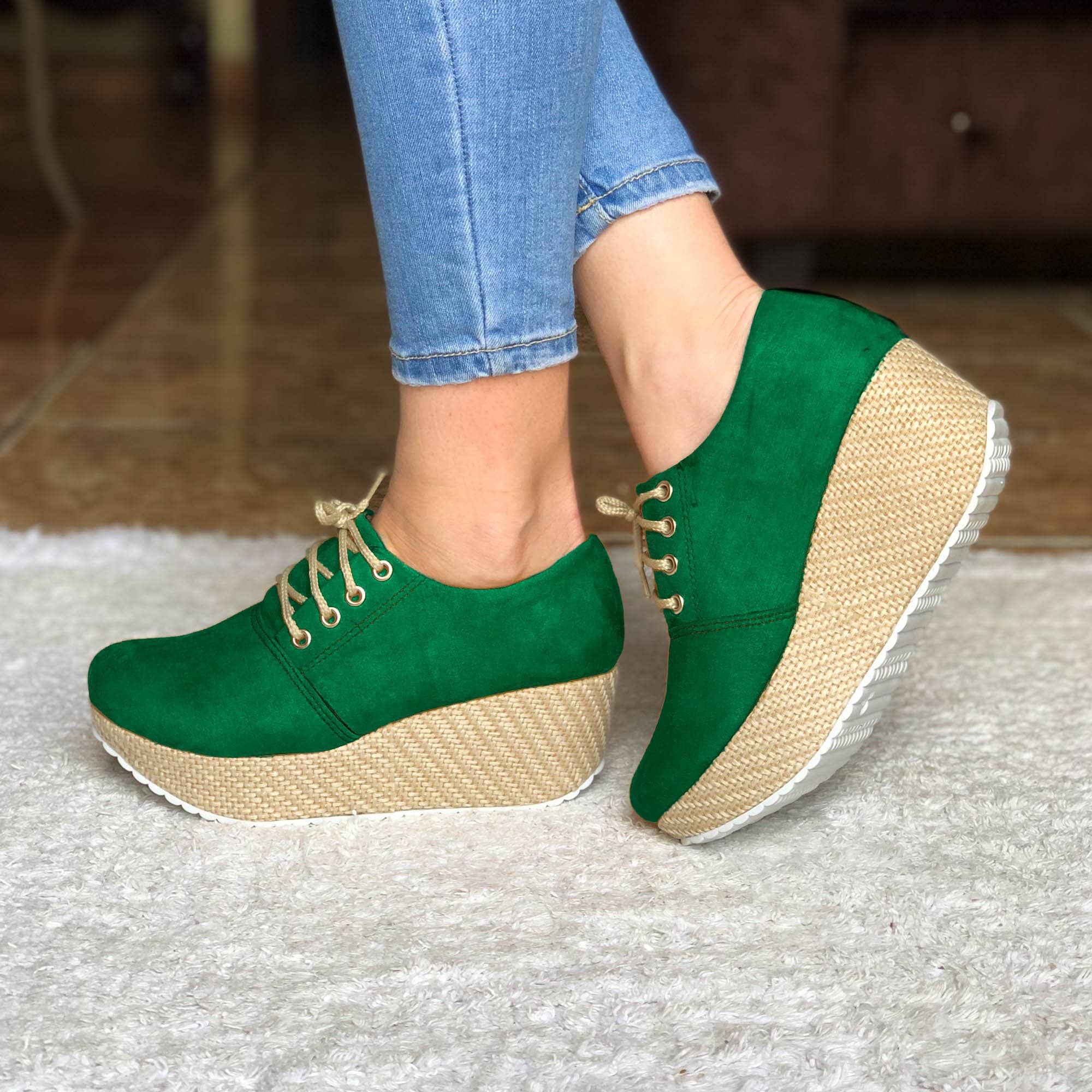 Plataforma Mediana Con Suela Forrada De Bramante Verde / 34 Normal Zapatos Medianos