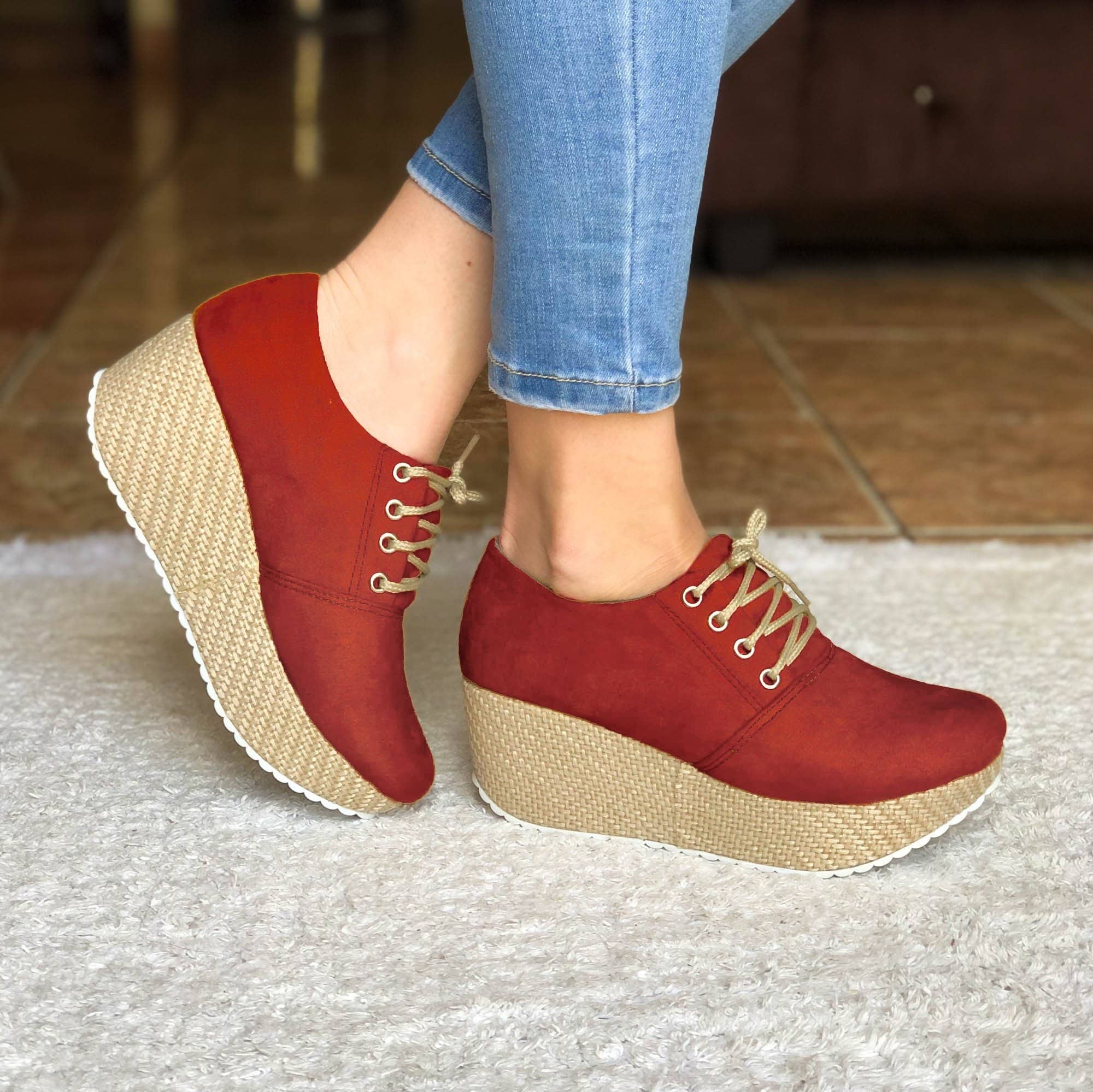 Plataforma Mediana Con Suela Forrada De Bramante Rojo / 34 Normal Zapatos Medianos
