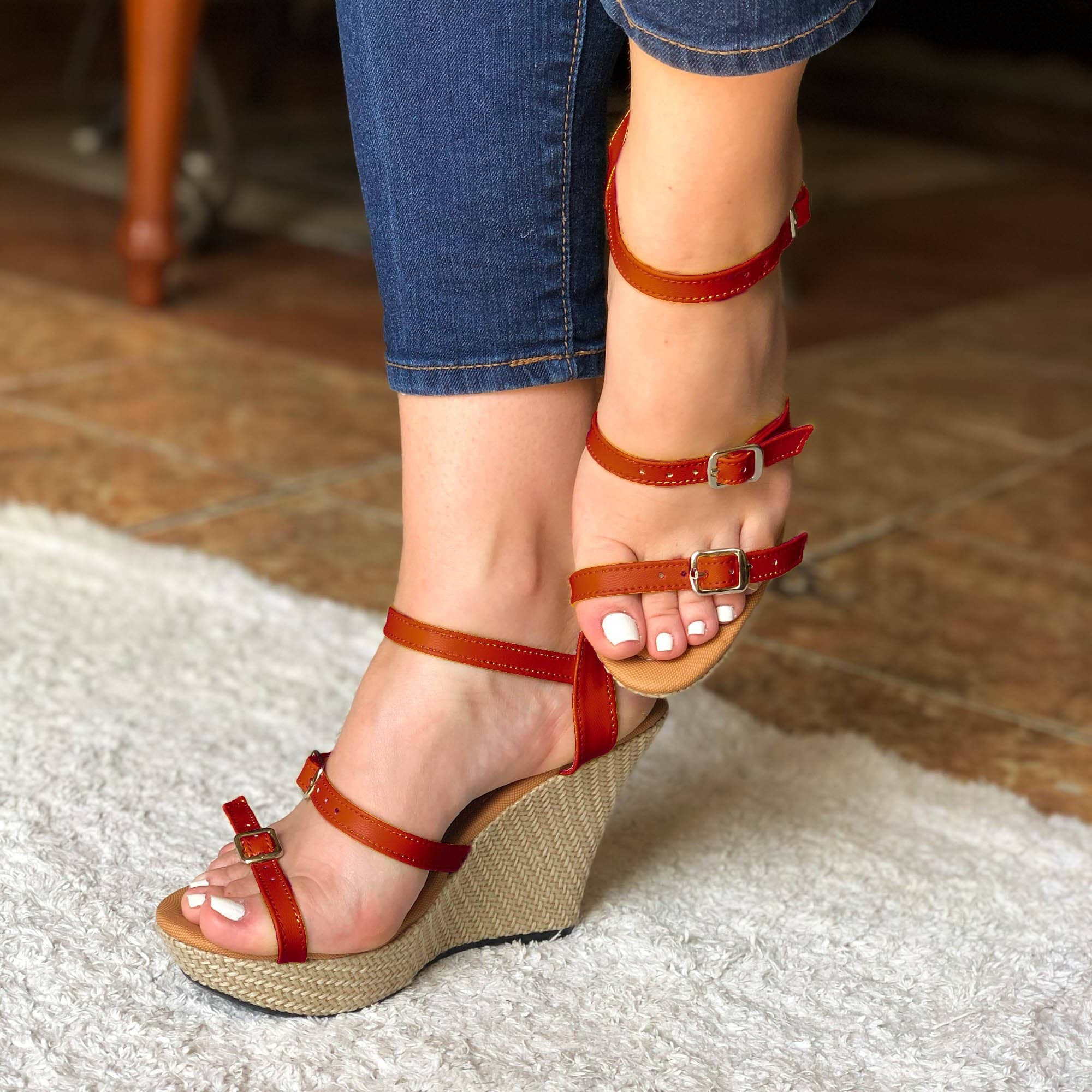 Zapato De Plataforma Con Todas Las Correas 100% Ajustables Rojo / 34 Normal Zapatos Altos