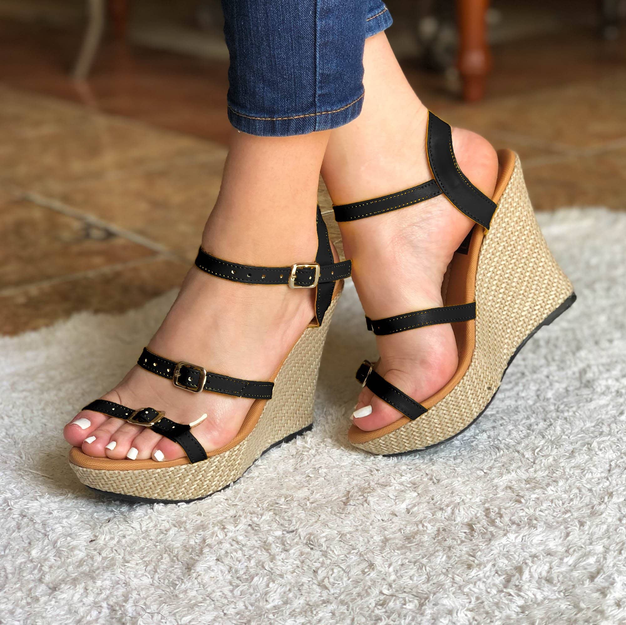 Zapato De Plataforma Con Todas Las Correas 100% Ajustables Negro / 34 Normal Zapatos Altos