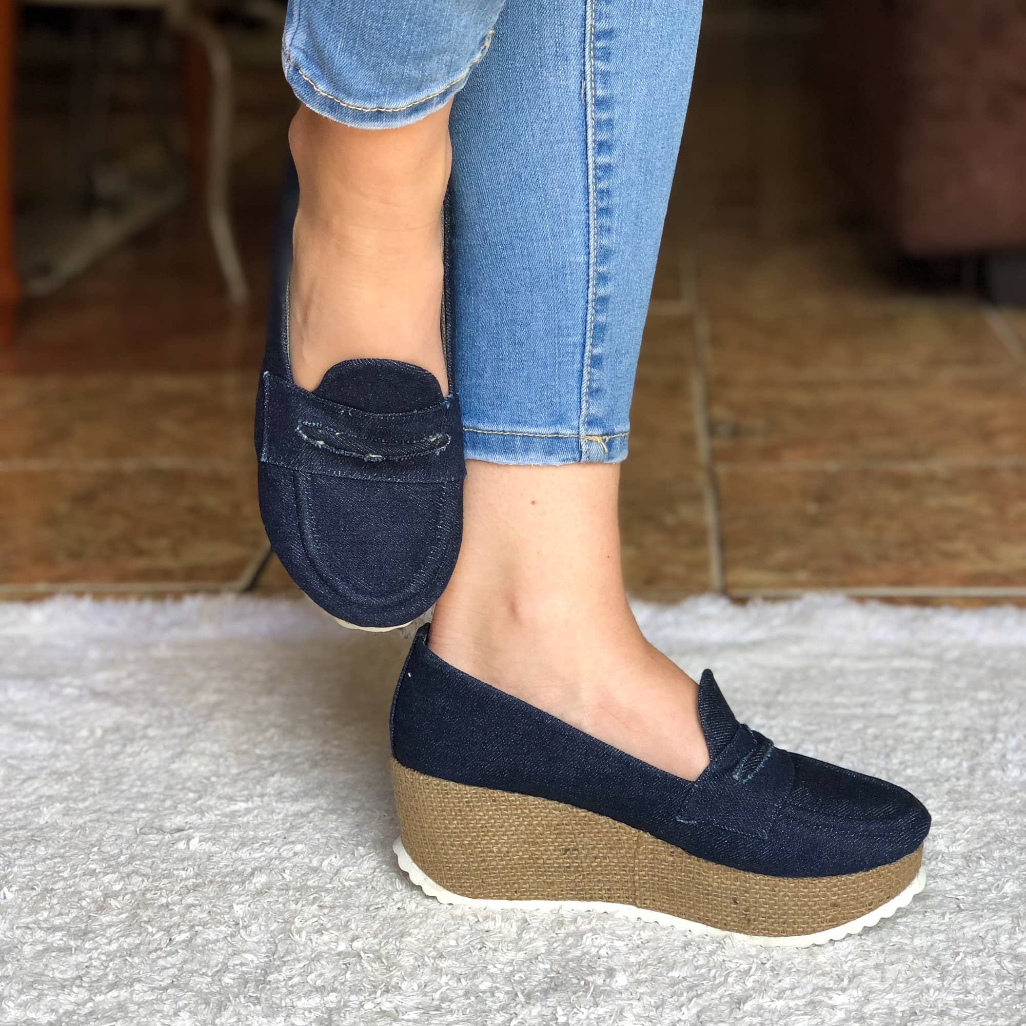 Plataforma Con Suela De Bramante Forrada Tela Jean Zapatos Medianos