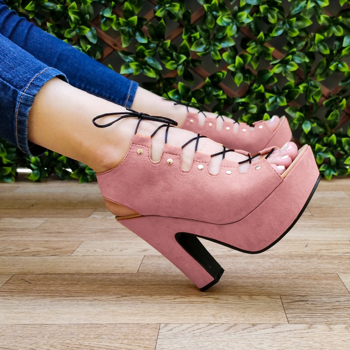 Sexy Tacon Hecho De Gamuza Con Cordones Para Mejor Ajuste Rosado / 35 Normal Zapatos Altos