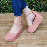 Plataforma Mediana Cerrada De Enfrente Hecha Cuerina Diseñada Con Gargantilla Rosado / 34 Normal