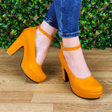 Calzado Para Dama De Cuerina Estilo Tacon Cuadrado. Estilo Casual Cerrado Anaranjado / 35 Normal