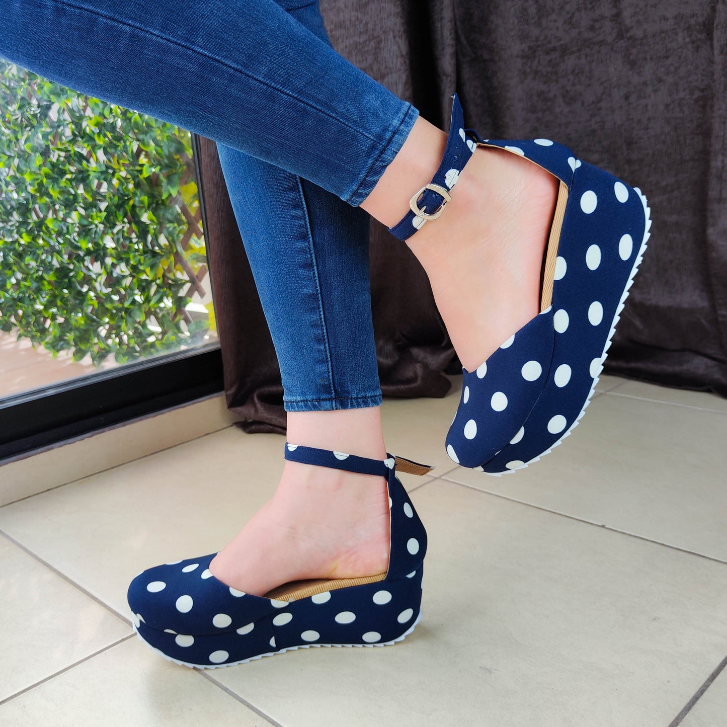 Alegres Plataformas Cerradas Con Tela De Patrón Puntitos 3 Colores Para Elegir Azul / 34 Normal