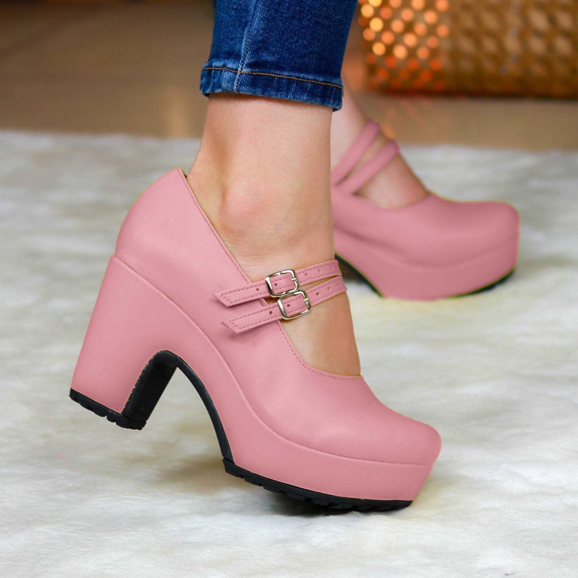 Suela De Tacon Cuadrado No Tan Alto. Zapato Cerrado Enfrente Rosado / 35 Normal Zapatos Medianos