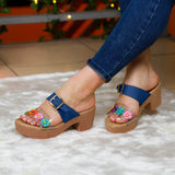 Tacones Medianos Decorados Con Flores Y Una Faja Gruesa De Cuerina Hebilla Azul / 35 Normal Zapatos