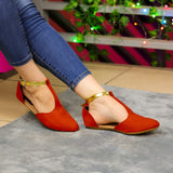 Elegantes Flats Semi Abierta Con Faja Ajustable En Color Dorado. Rojo / 35 Normal Zapatos Bajitos