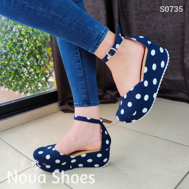 Alegres Plataformas Cerradas Con Tela De Patrón Puntitos 3 Colores Para Elegir Azul / 34 Normal