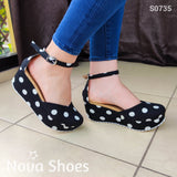 Alegres Plataformas Cerradas Con Tela De Patrón Puntitos 3 Colores Para Elegir Negro / 34 Normal