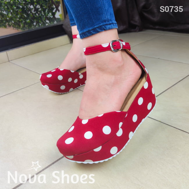 Alegres Plataformas Cerradas Con Tela De Patrón Puntitos 3 Colores Para Elegir Rojo / 34 Normal