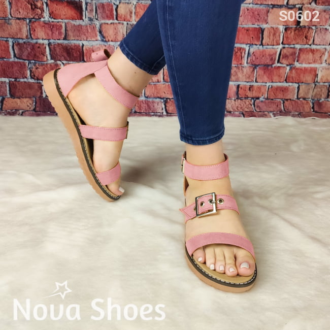 Bella Sandalia Bajita Con 3 Fajas Dos De Ellas Ajustables. Hechas Gamuza Rosado / 35 Normal Zapatos