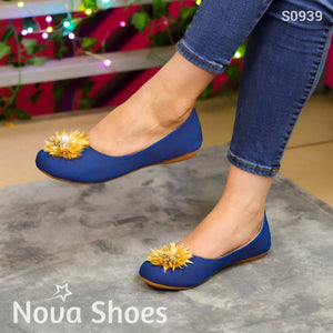 Belleza Catracha: Flats Con Detalle De Flor Azul / 35 Normal Zapatos Bajitos