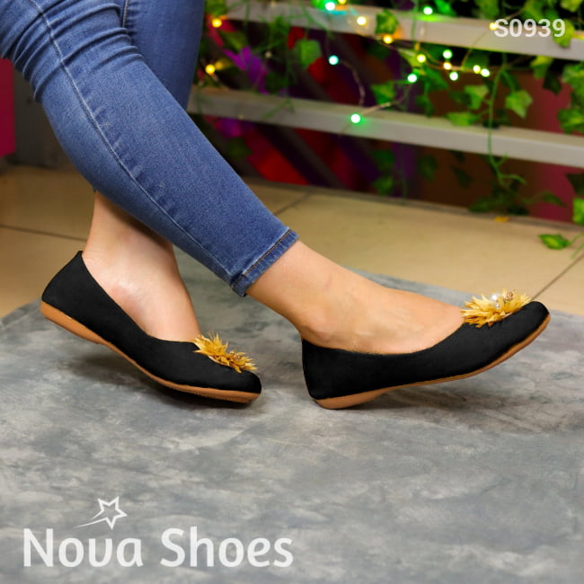 Belleza Catracha: Flats Con Detalle De Flor Negro / 35 Normal Zapatos Bajitos