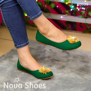 Belleza Catracha: Flats Con Detalle De Flor Verde / 35 Normal Zapatos Bajitos